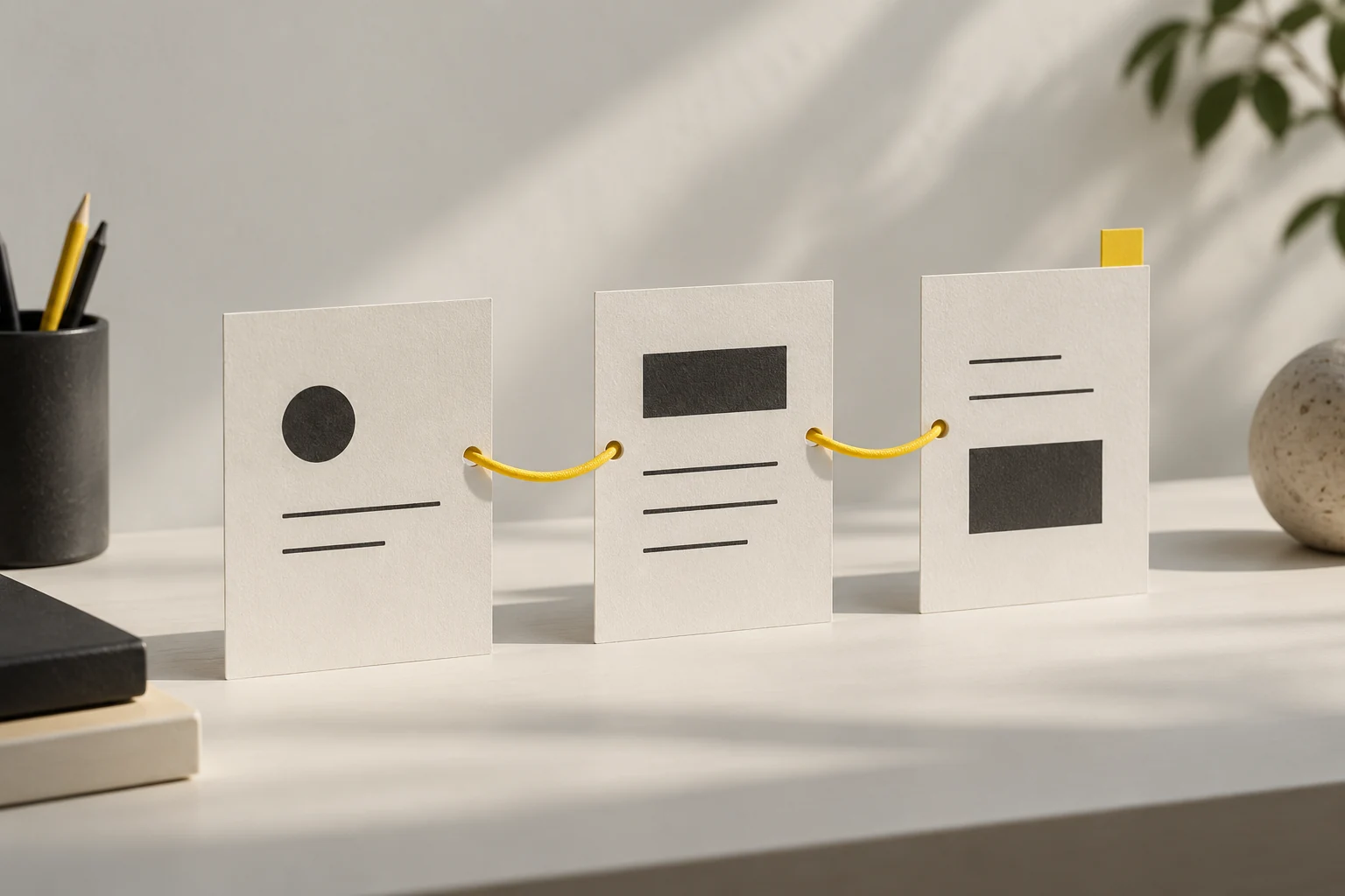 Tres targetes de paper blanc connectades amb un cordill groc representen l’arquitectura del web