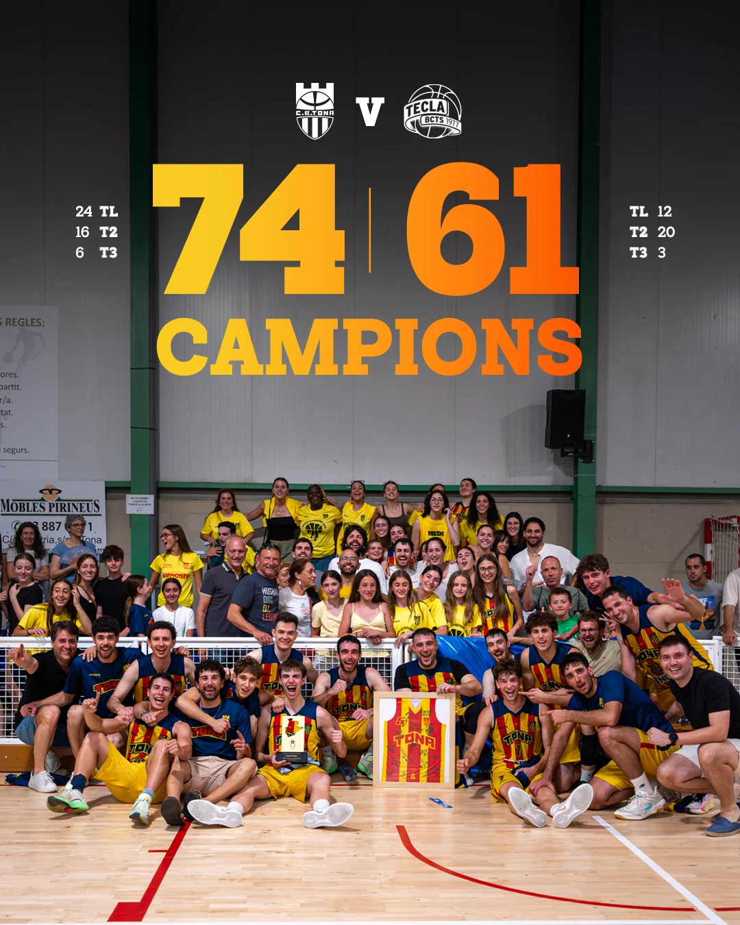Exemple de disseny de resultat del CB Tona: victòria per 74–61 i celebració del campionat