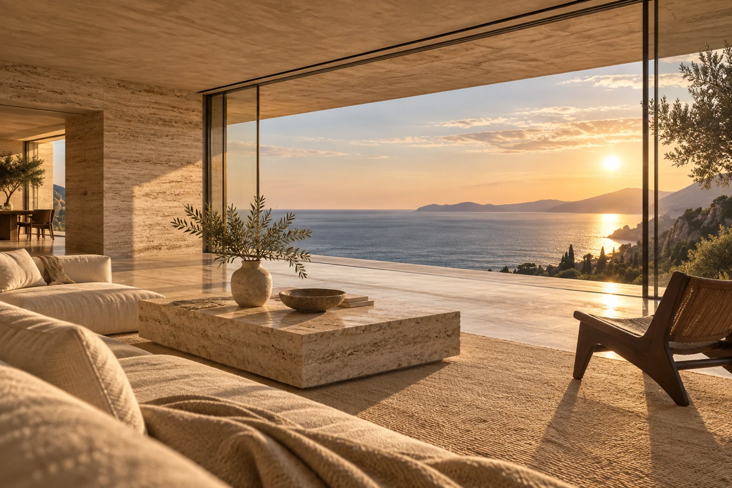 Linen seating and oak furniture in Cala’s living pavilion, opening to the sea