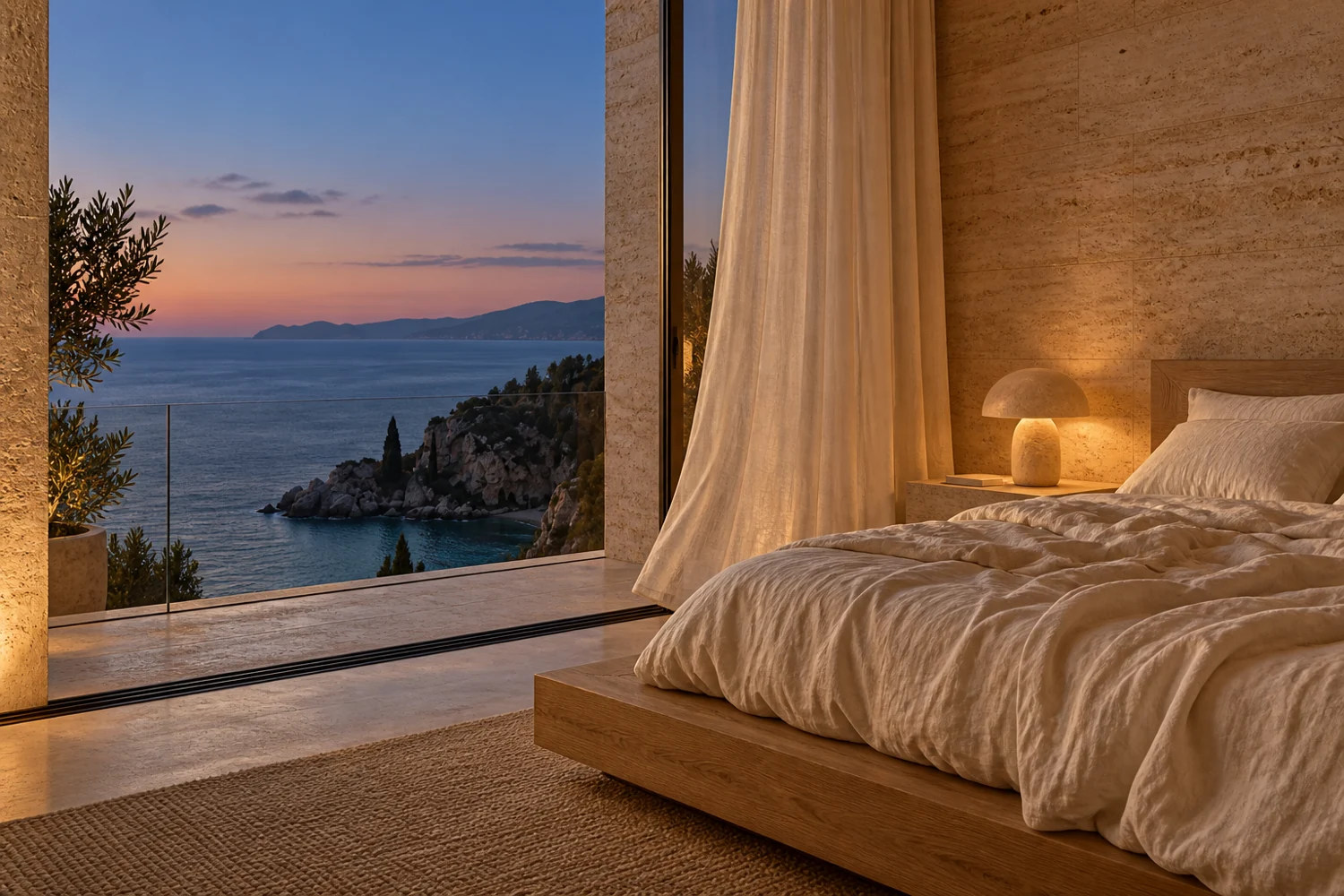 Ivory linen and warm light in the bedroom suite overlooking the sea at dusk