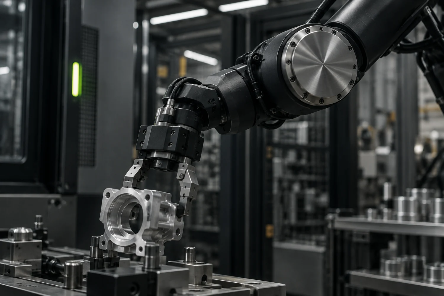 A graphite robotic arm positioning a metal component in a clean industrial workstation