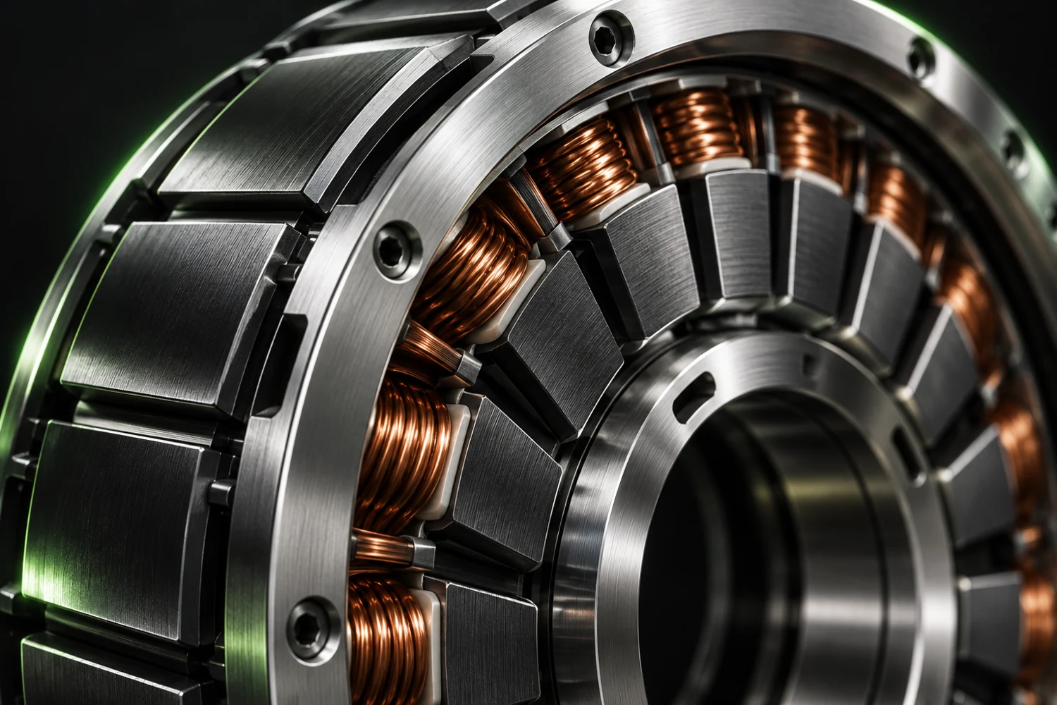 Close-up of copper windings and laminated metal inside the conceptual Nørden stator housing