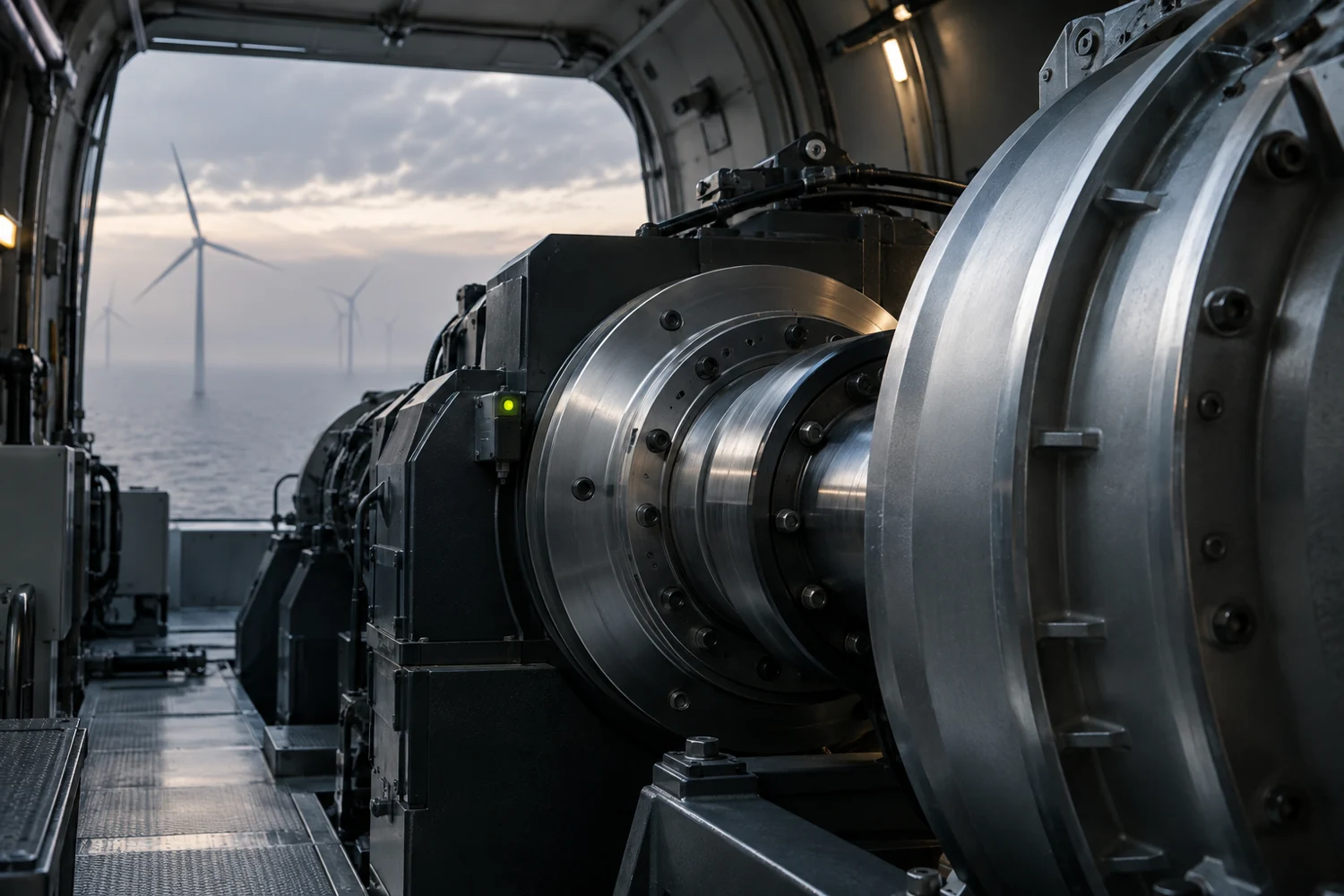 A generator coupling inside a wind turbine nacelle overlooking the sea