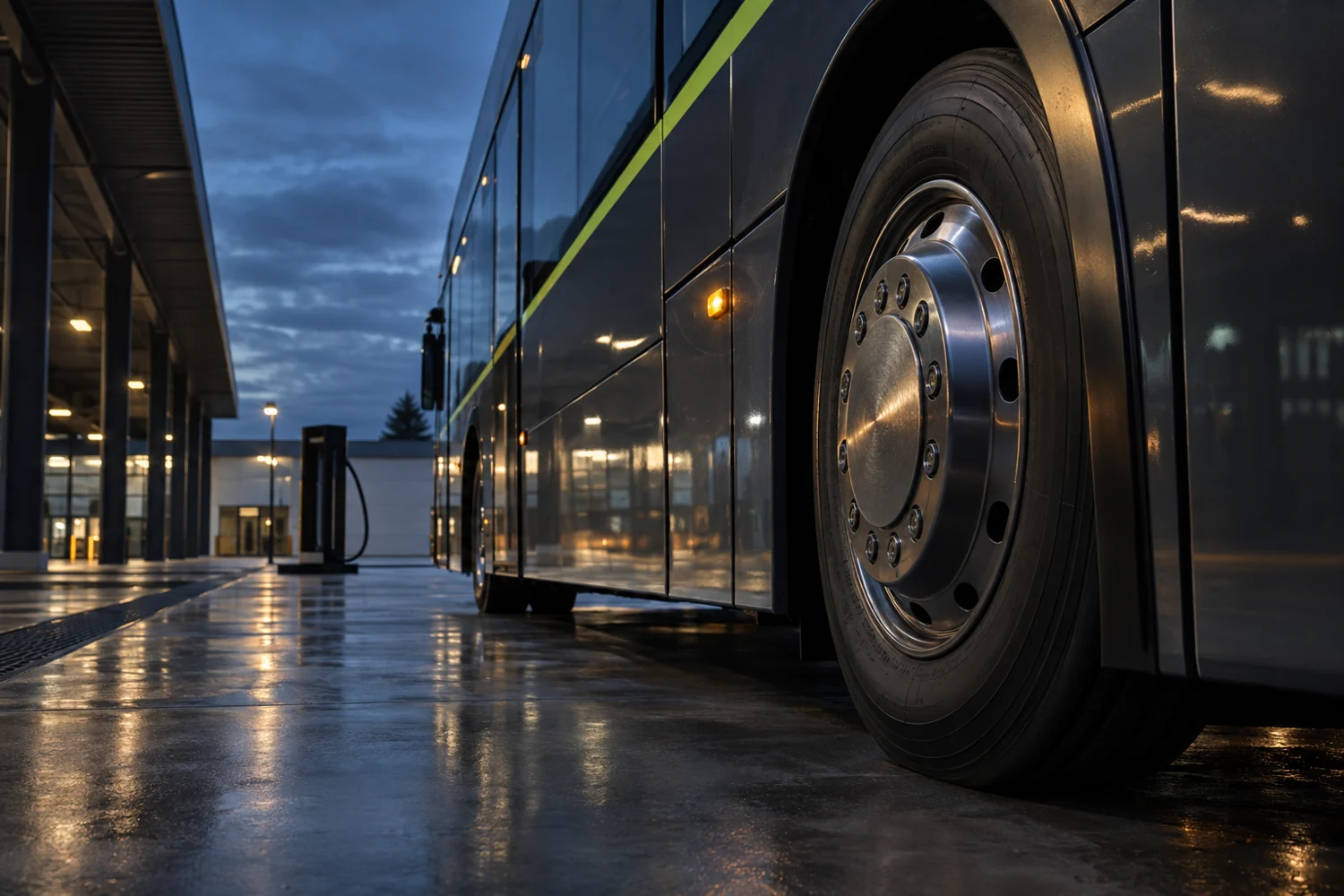 The wheel and drivetrain area of an unbranded electric city bus at a depot