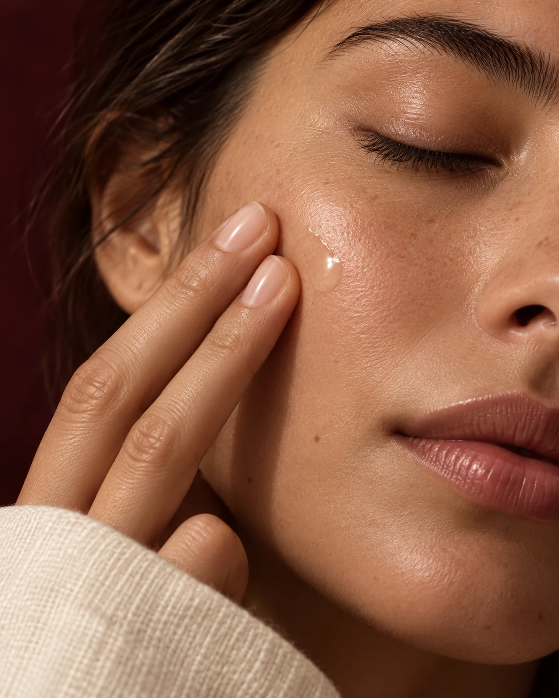 Fingertips gently pressing a drop of serum onto naturally textured skin